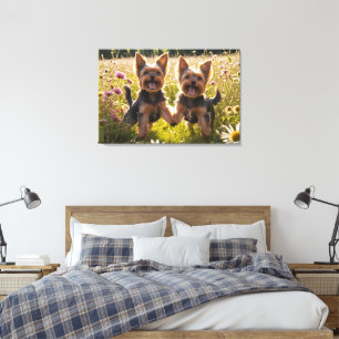 Yorkshire Terriers Playing in the Grass Canvas Print