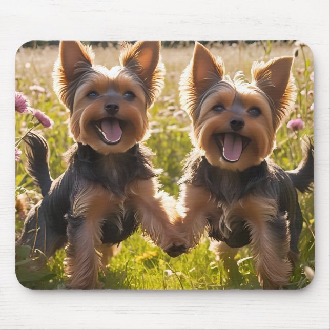 Yorkshire Terriers Playing in the Grass Mouse Mat (Front)