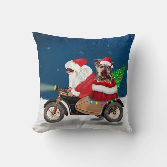 Yorkshire Terrier's Ride Santa Claus on Motorcycle Cushion (Front)