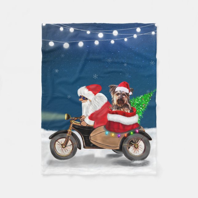 Yorkshire Terrier's Ride Santa Claus on Motorcycle Fleece Blanket (Front)