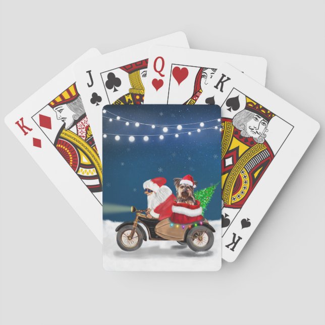 Yorkshire Terrier's Ride Santa Claus on Motorcycle Playing Cards (Back)