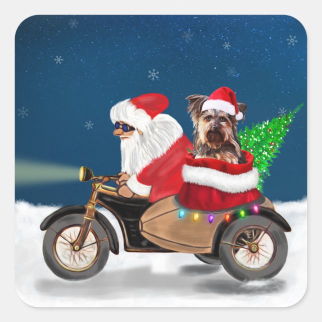 Yorkshire Terrier's Ride Santa Claus on Motorcycle Square Sticker (Front)