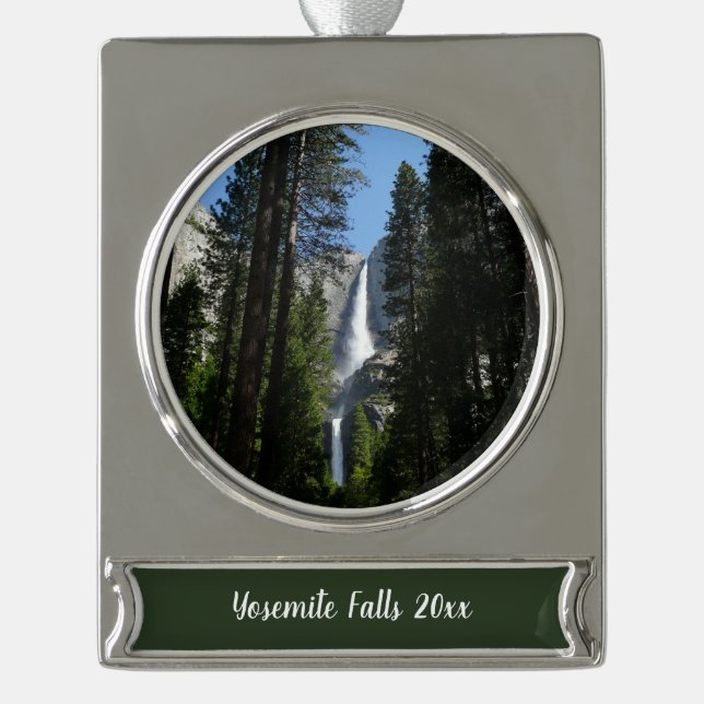 Yosemite Falls and Woods Landscape Photography Silver Plated Banner Ornament (Front)