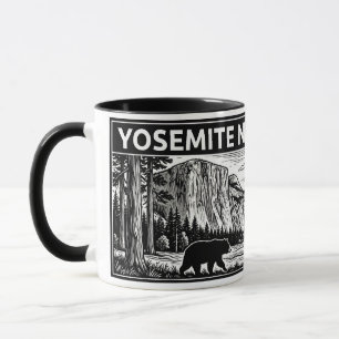Yosemite National Park Black White Woodcut Mug