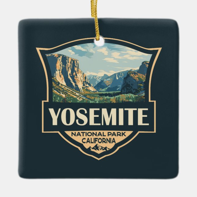 Yosemite National Park Illustration Retro Badge Ceramic Ornament (Front)