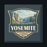Yosemite National Park Illustration Retro Badge Magnet<br><div class="desc">Yosemite vector artwork design. The park is famed for its giant,  ancient sequoia trees,  and for Tunnel View,  the iconic vista of towering Bridalveil Fall and the granite cliffs of El Capitan and Half Dome.</div>