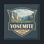 Yosemite National Park Illustration Retro Badge Magnet<br><div class="desc">Yosemite vector artwork design. The park is famed for its giant,  ancient sequoia trees,  and for Tunnel View,  the iconic vista of towering Bridalveil Fall and the granite cliffs of El Capitan and Half Dome.</div>