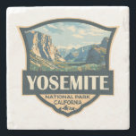 Yosemite National Park Illustration Retro Badge Stone Coaster<br><div class="desc">Yosemite vector artwork design. The park is famed for its giant,  ancient sequoia trees,  and for Tunnel View,  the iconic vista of towering Bridalveil Fall and the granite cliffs of El Capitan and Half Dome.</div>