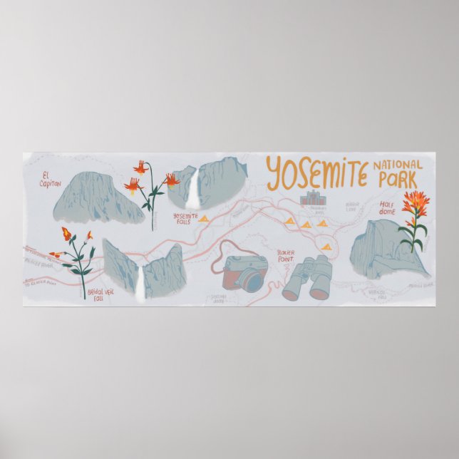 Yosemite National Park Map Illustration Grey Poster (Front)