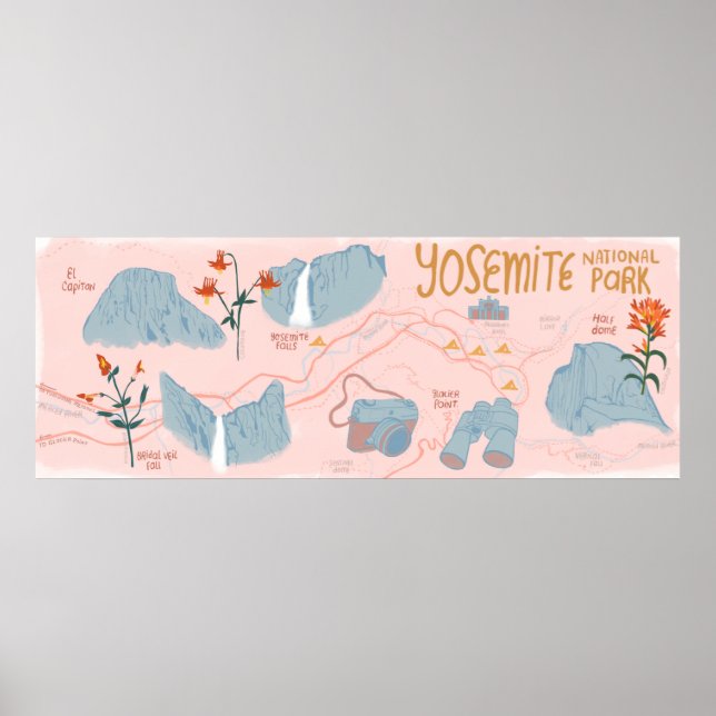 Yosemite National Park Map Illustration Pink Poster (Front)