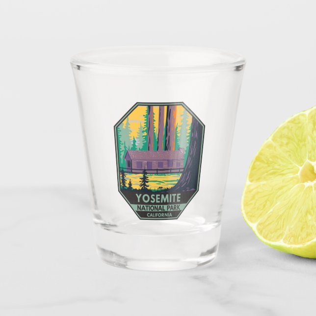 Yosemite National Park Mariposa Grove Cabin Retro  Shot Glass (Front)
