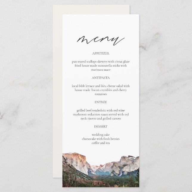 YOSEMITE National Park Skyline Watercolor Wedding  Menu (Front/Back)