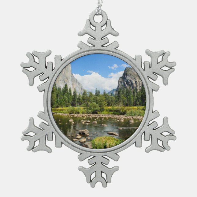 Yosemite National Park Valley View Snowflake Pewter Christmas Ornament (Front)