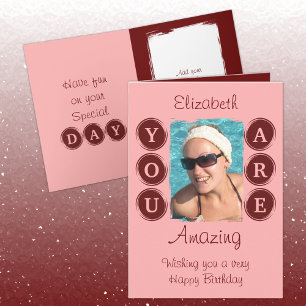 You are amazing add photo name burgundy birthday card