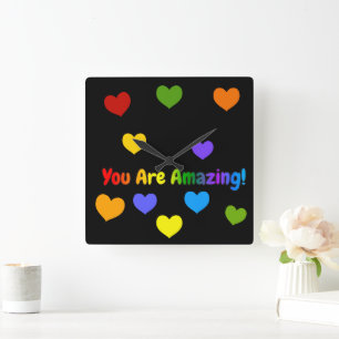 You Are Amazing Rainbow Text Square Wall Clock