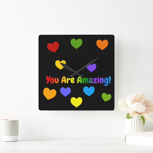 You Are Amazing Rainbow Text Square Wall Clock (Home)
