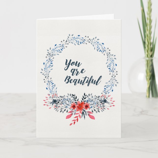 You Are Beautiful - Blue Watercolor Floral Card (Front)