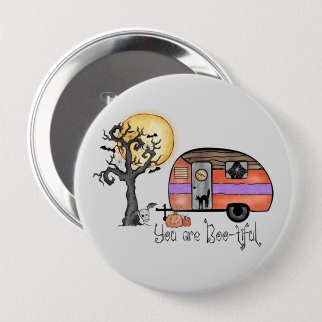 You Are Boo-tiful – Camper Van with Spooky Tree 10 Cm Round Badge (Front & Back)