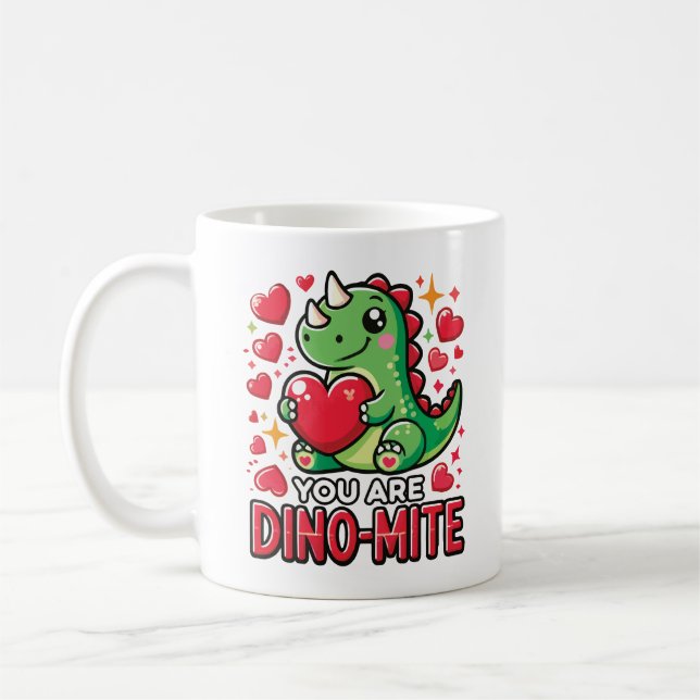 You Are Dino-Mite - Cute Dinosaur Valentine's Day Coffee Mug (Left)