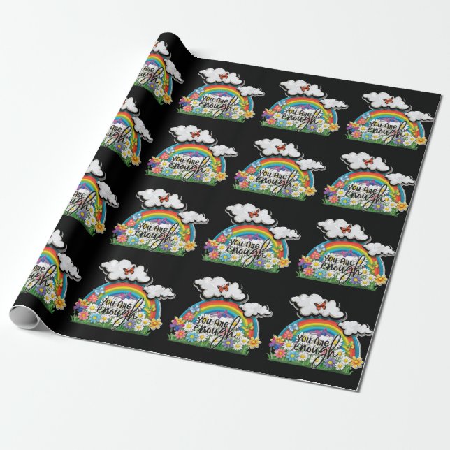 You Are Enough Rainbow Flowers Butterflies Wrapping Paper (Unrolled)