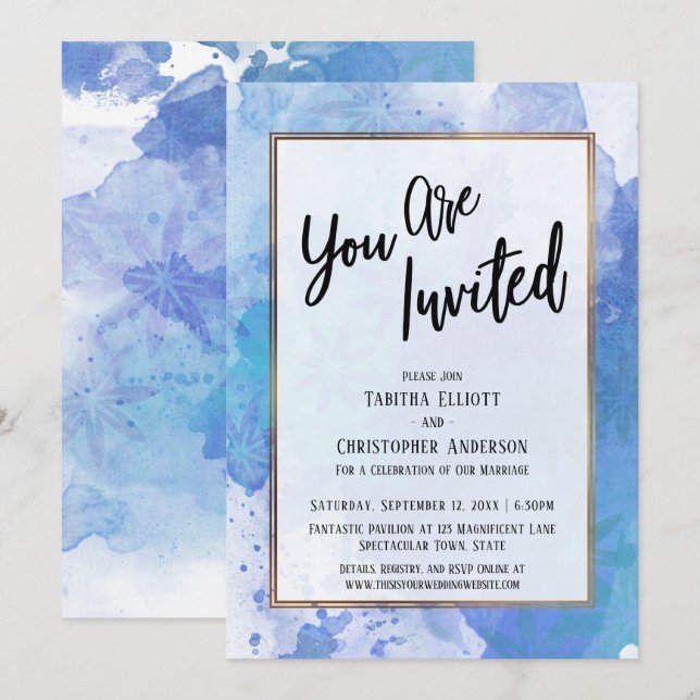 You Are Invited Gold Border Abstract Blue Splash Invitation (Front/Back)