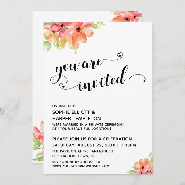 You Are Invited Hearts Script Boho Florals Invitation (Front/Back)