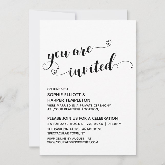 You Are Invited, Hearts Script Reception-Only Invitation (Front)