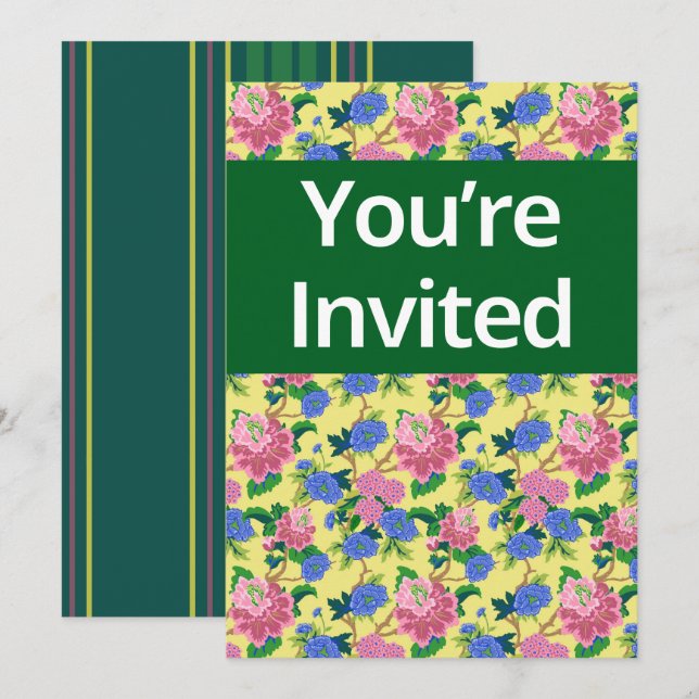 “You are invited” preppy chinoiserie floral Invitation (Front/Back)