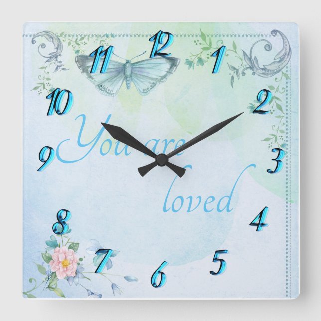 "You are loved" Blue Butterfly Square Wall Clock (Front)