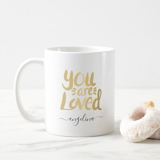 You are Loved Inspirational Quote Monogram Gold Coffee Mug (With Donut)