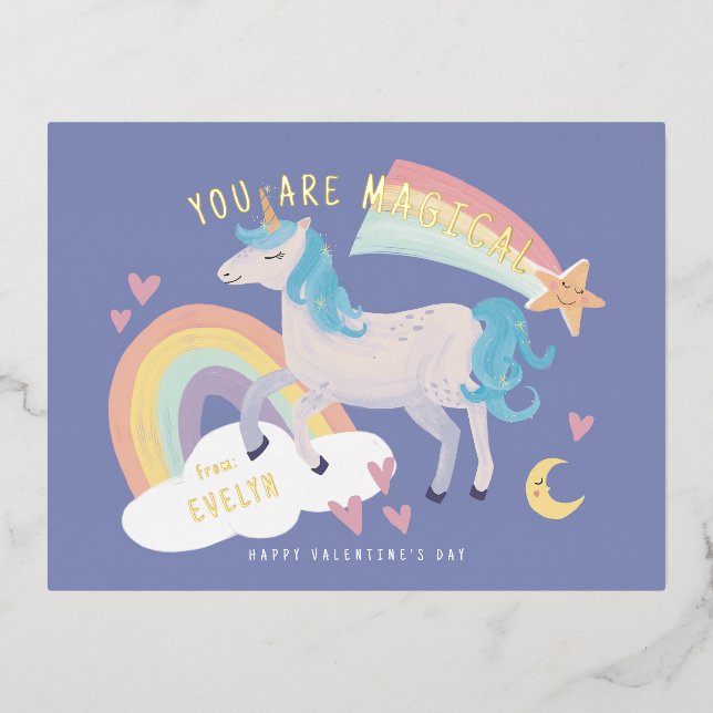 You Are Magical Unicorn and Rainbow Valentine Foil Holiday Postcard (Front)