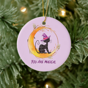 You Are Magical – Witch Black Cat on Crescent Moon Ceramic Tree Decoration