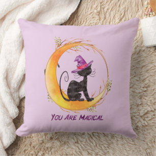 You Are Magical – Witch Black Cat on Crescent Moon Cushion