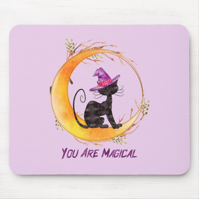 You Are Magical – Witch Black Cat on Crescent Moon Mouse Mat (Front)