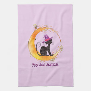 You Are Magical – Witch Black Cat on Crescent Moon Tea Towel