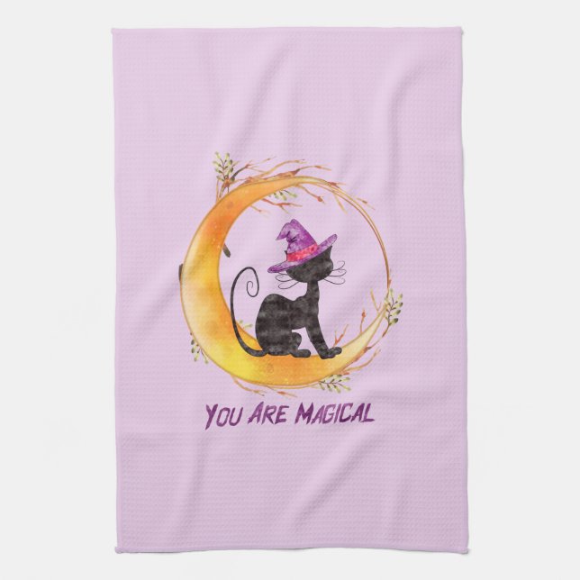 You Are Magical – Witch Black Cat on Crescent Moon Tea Towel (Vertical)