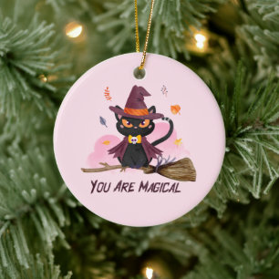 You Are Magical – Witch Cat Riding a Broom Ceramic Tree Decoration