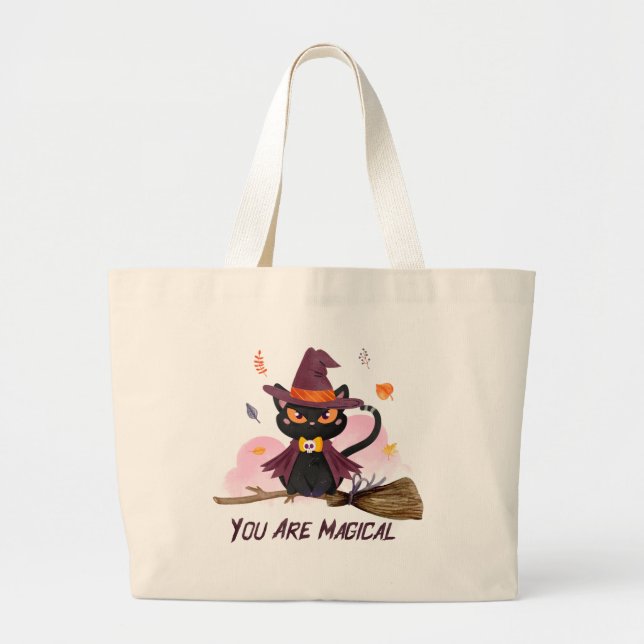 You Are Magical – Witch Cat Riding a Broom Large Tote Bag (Front)