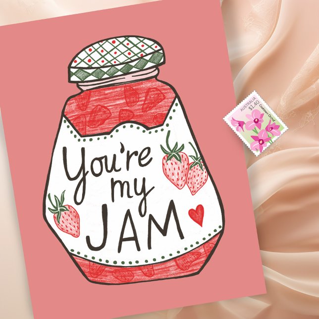 YOU ARE MY JAM Strawberry Illustration Custom Love Postcard (YOU ARE MY JAM Strawberry Illustration Custom Love Postcard valentine galentine friendship romance)