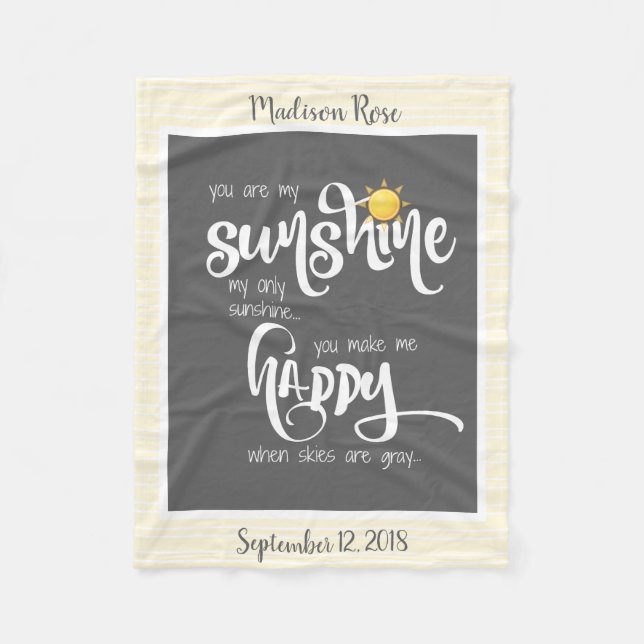 You are my Sunshine, Grey/Yellow, Personalised Fleece Blanket (Front)