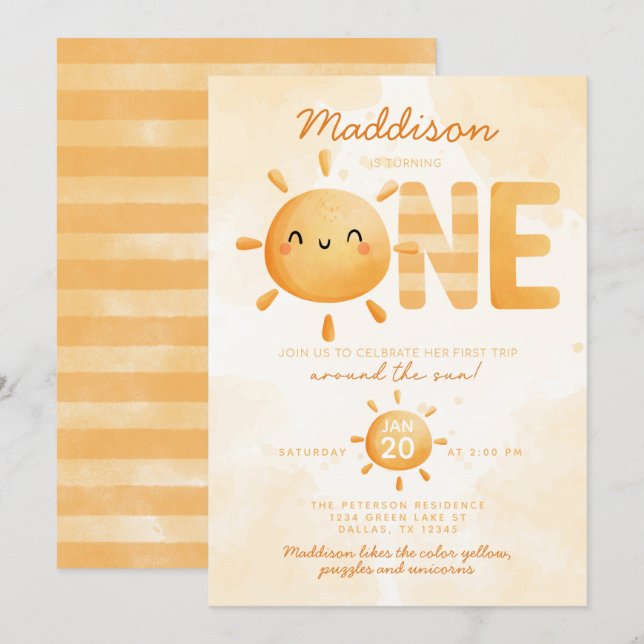 You Are My Sunshine turning ONE 1st Birthday Party Invitation (Front/Back)
