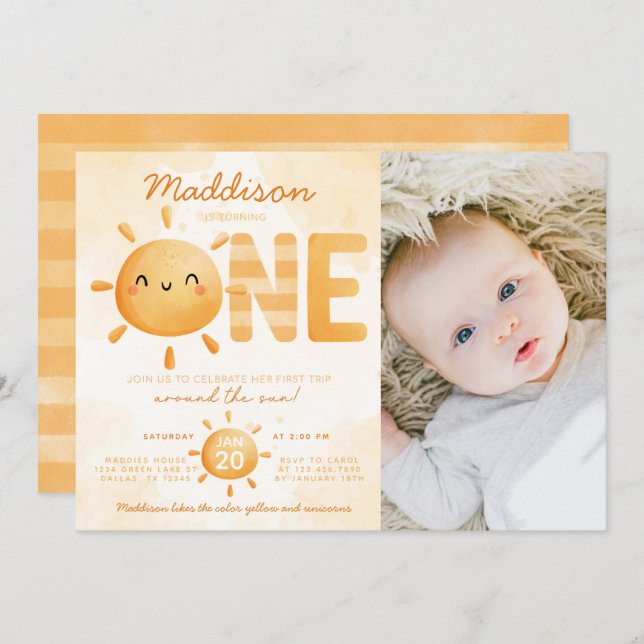 You Are My Sunshine turning ONE 1st Birthday Party Invitation (Front/Back)