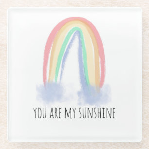 You are my sunshine watercolor painted rainbow glass coaster