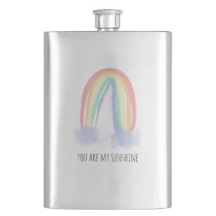 You are my sunshine watercolor painted rainbow hip flask