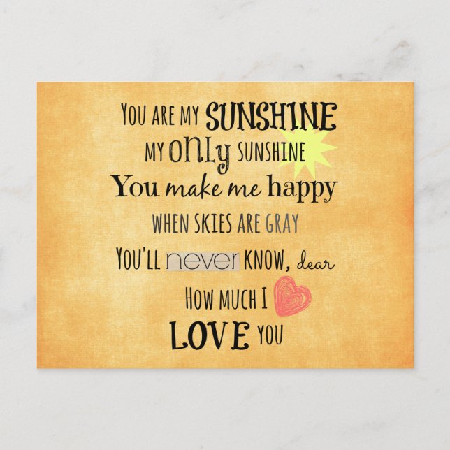 You are my Sunshine Word Art Typography Postcard (Front)