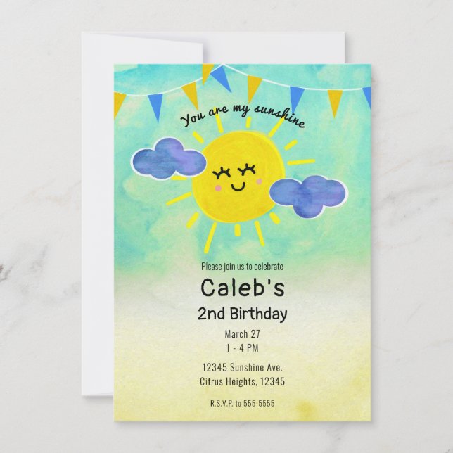 You are my Sunshine Yellow & Blue Birthday Party Invitation (Front)