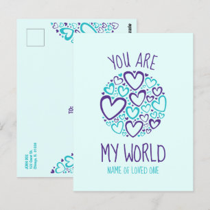 You Are My World Blue Purple Hearts for Loved One Postcard