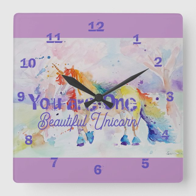 You Are One Beautiful Unicorn! Rainbow Girls Square Wall Clock (Front)