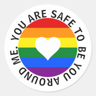 You are safe to be you around me rainbow heart classic round sticker