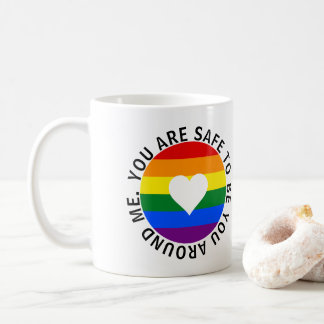 You are safe to be you around me rainbow heart coffee mug